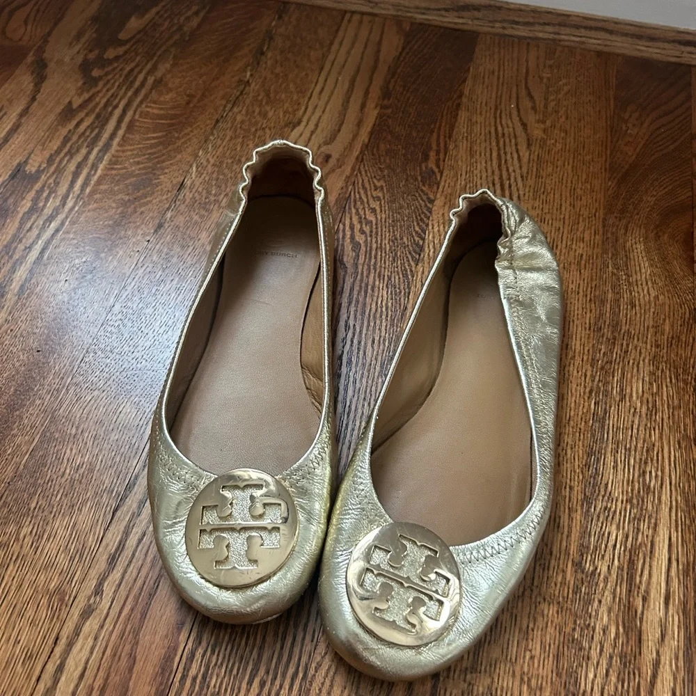Tory Burch Metallic Gold Reva Ballet Flats